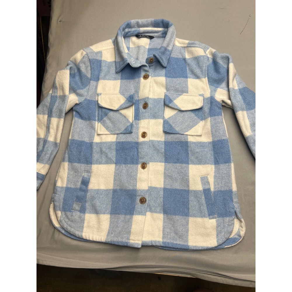 Member's Mark Girls XL 14/16 Plaid Shacket Blue White Wool Blend Button Up Coat